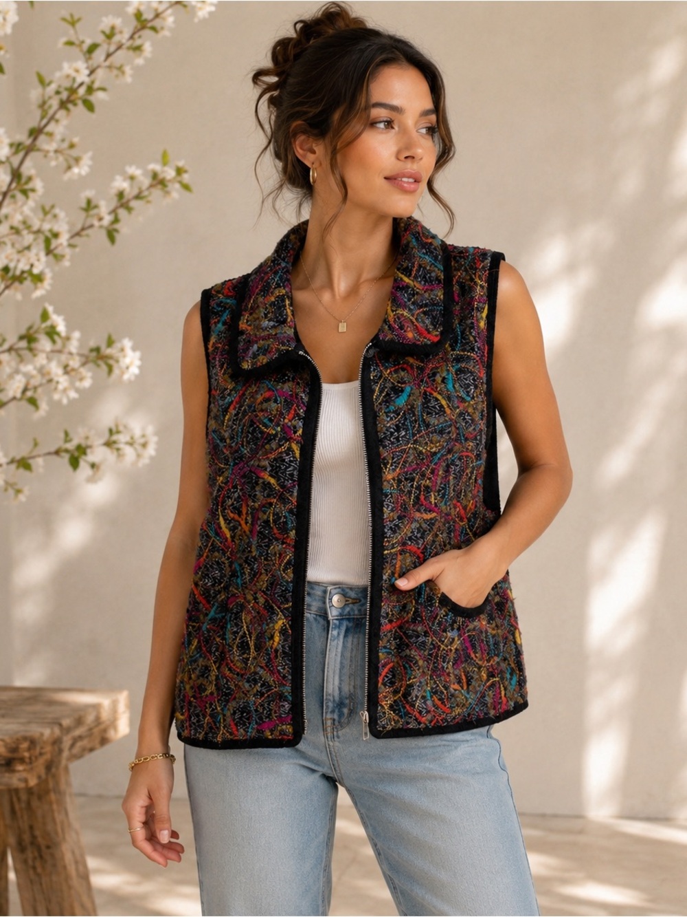 Vintage Lisa International Textured Zip Vest Multicolor Artsy Boho Medium